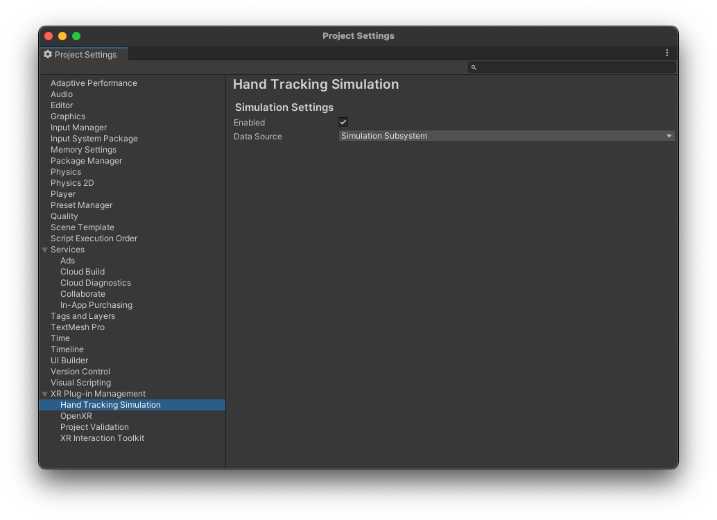 Hand Tracking simulation settings