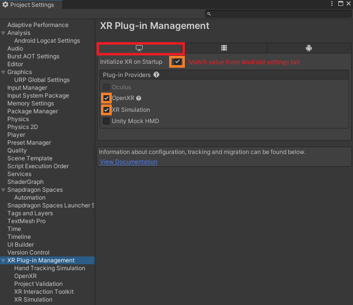 OpenXR Project Settings