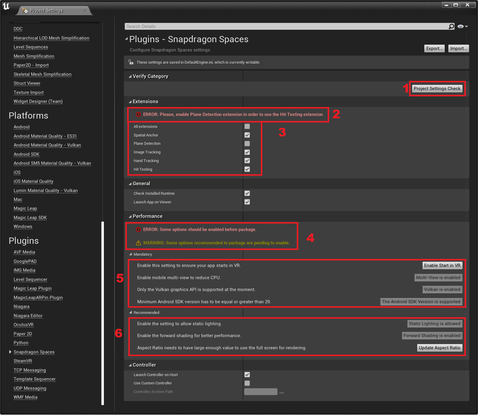 Snapdragon Spaces plugin settings