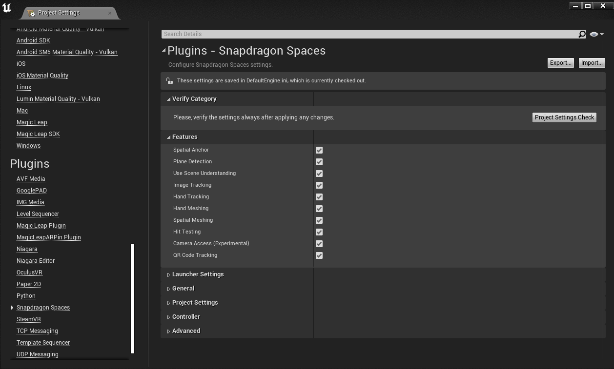 Snapdragon Spaces plugin settings