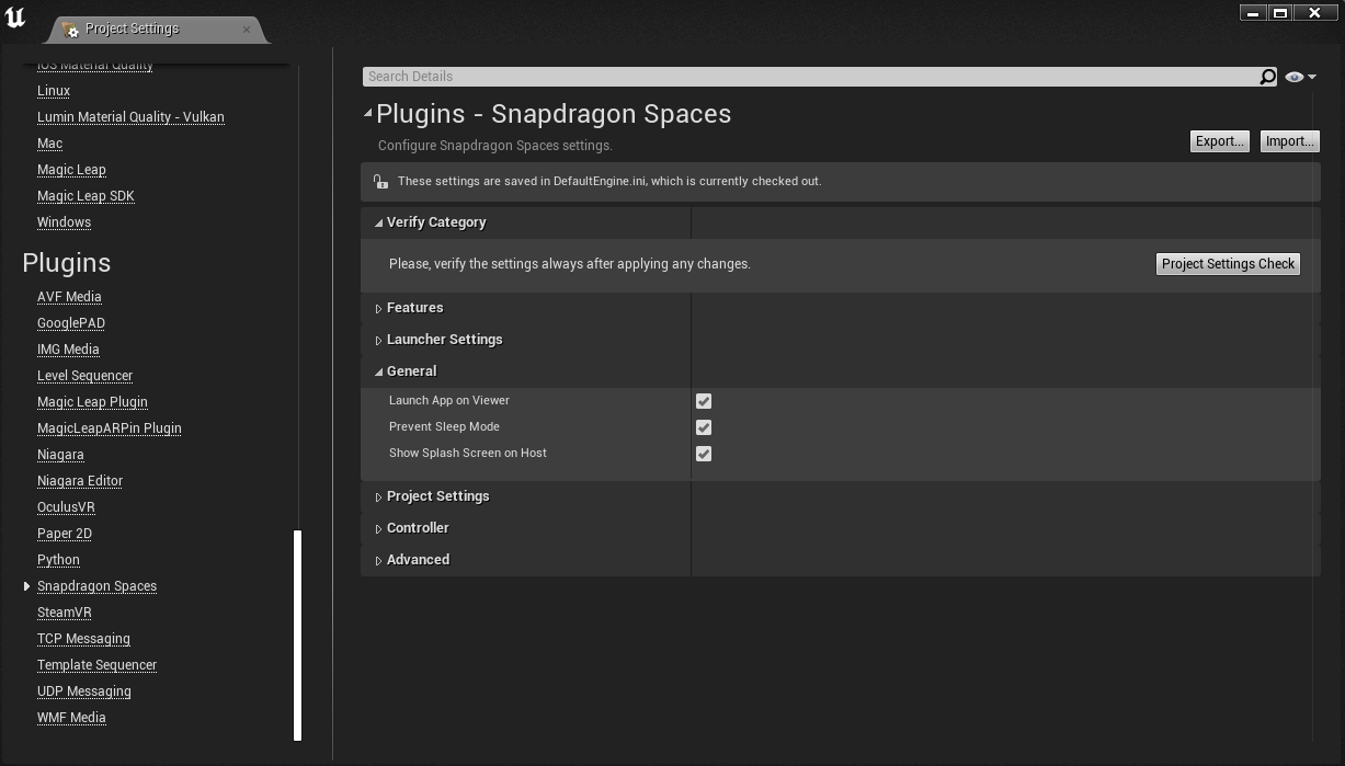 General Settings section in Snapdragon Spaces plugin settings