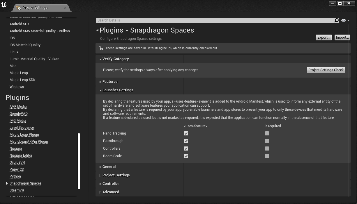 Launcher Settings section in Snapdragon Spaces plugin settings