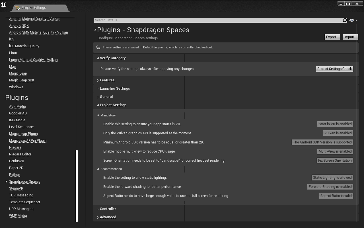 Project Settings section in Snapdragon Spaces plugin settings