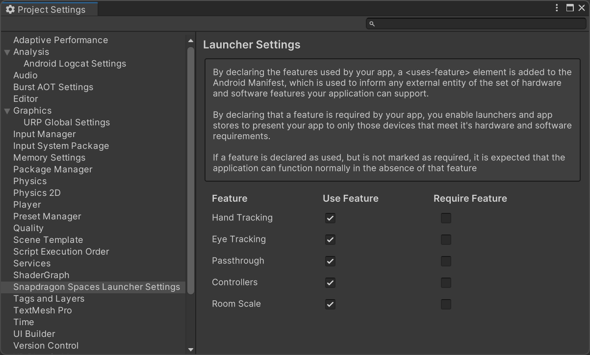 Snapdragon Spaces Launcher Settings